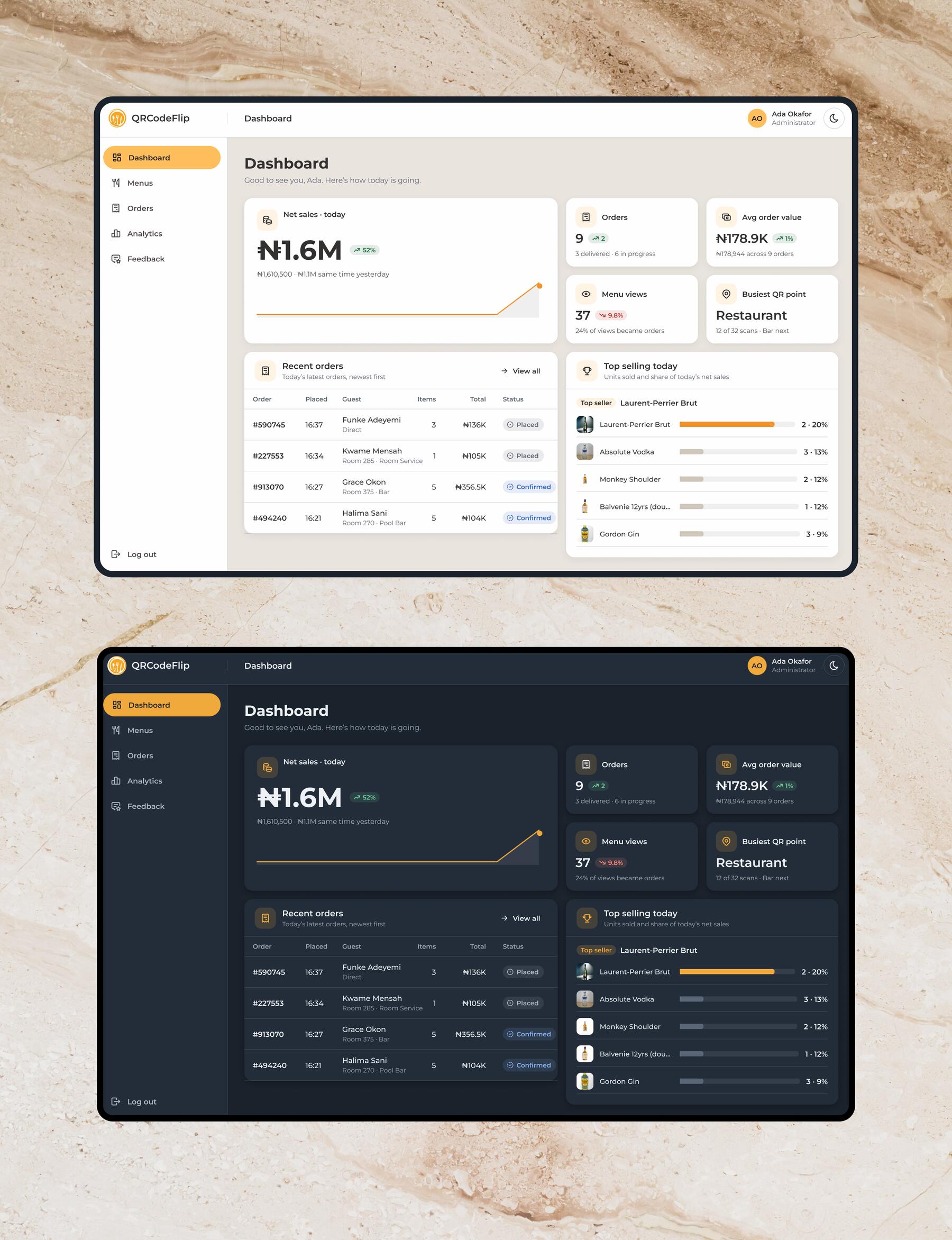 The dashboard in light and dark: net sales today with a sparkline, order, order-value, menu-view and busiest-QR-point cards, recent orders and top sellers