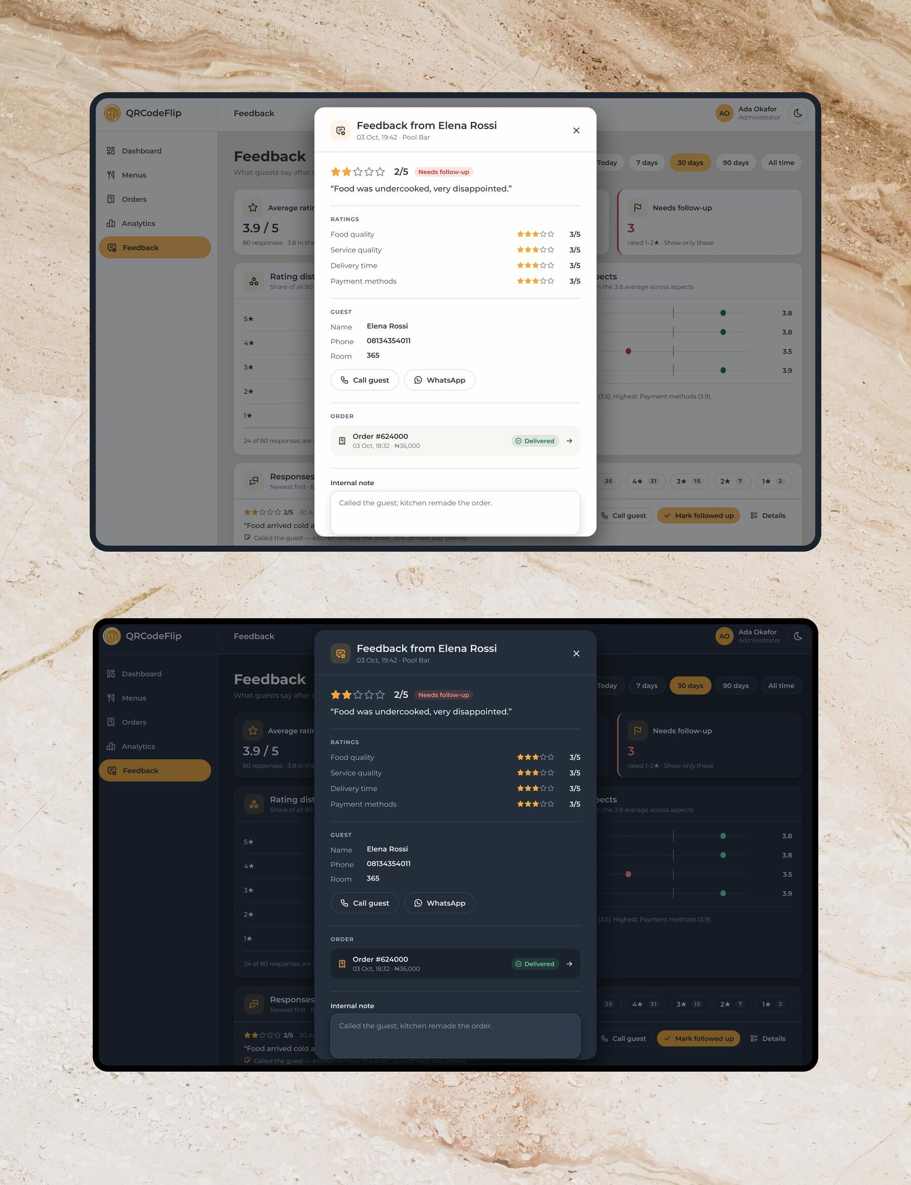 A feedback dialog in light and dark: a two-star rating marked needs follow-up, ratings per aspect, the guest's details with call and WhatsApp buttons, the linked order and an internal note