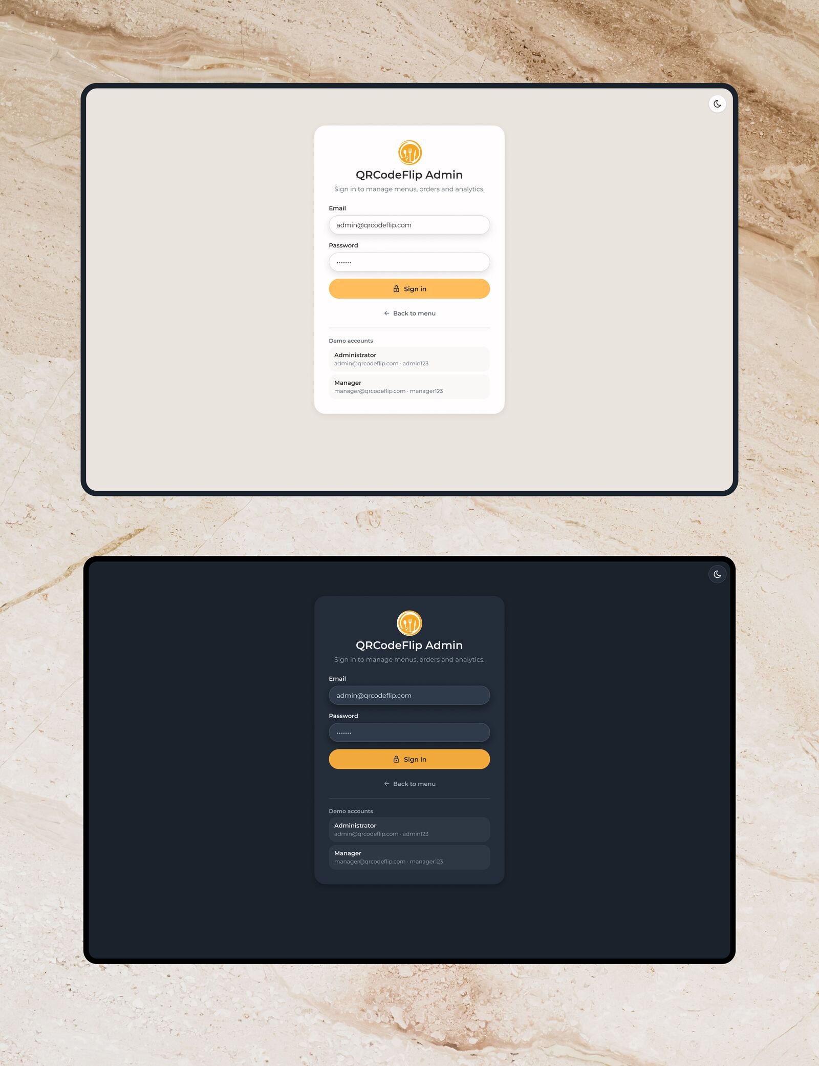 The admin sign-in card in light and dark: email and password fields, a sign in button, a link back to the menu and two demo accounts