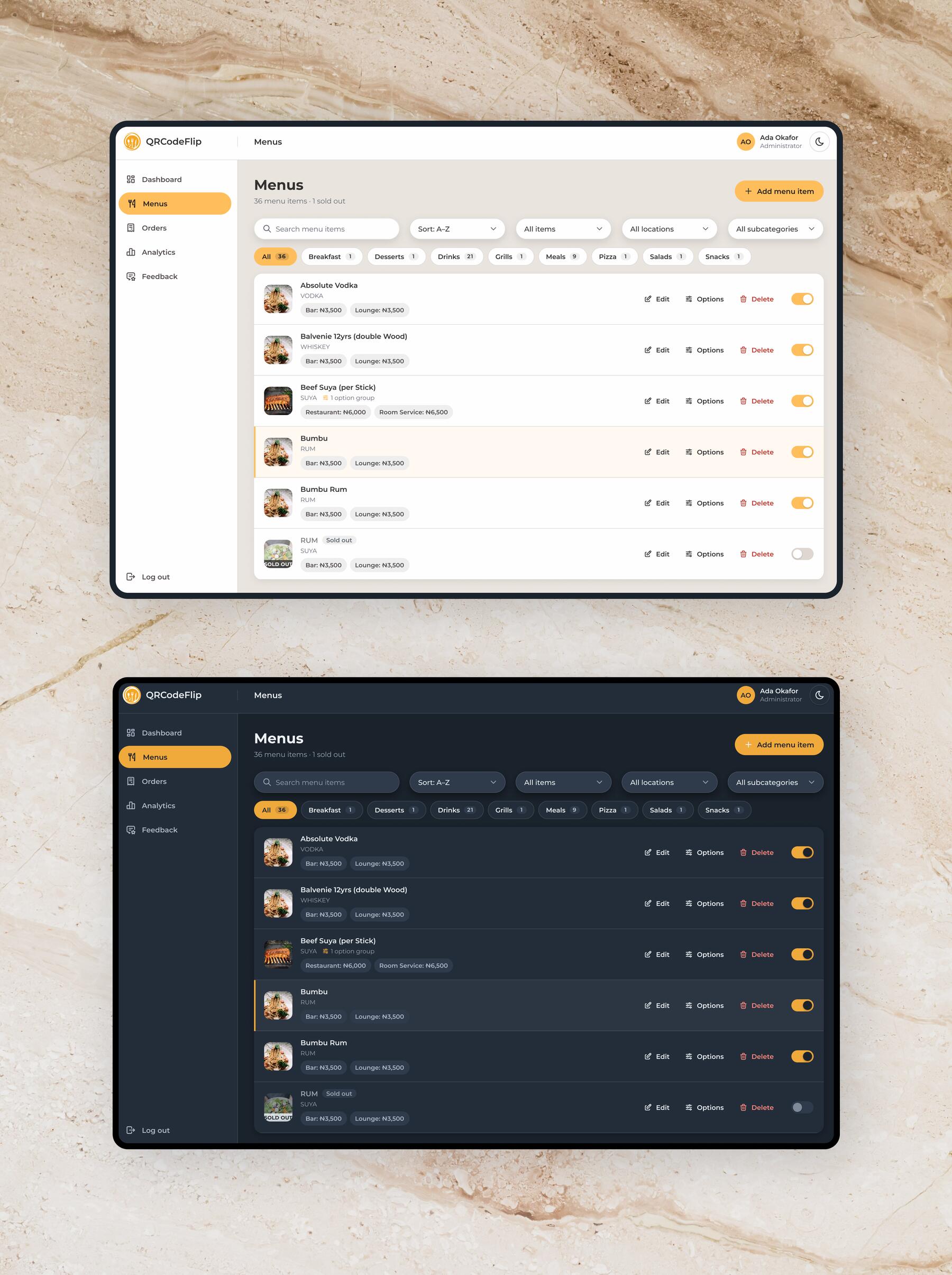 The menus page in light and dark: search, sort and filter controls, category chips with counts, and rows of dishes showing location prices, edit, options and delete actions and an availability switch