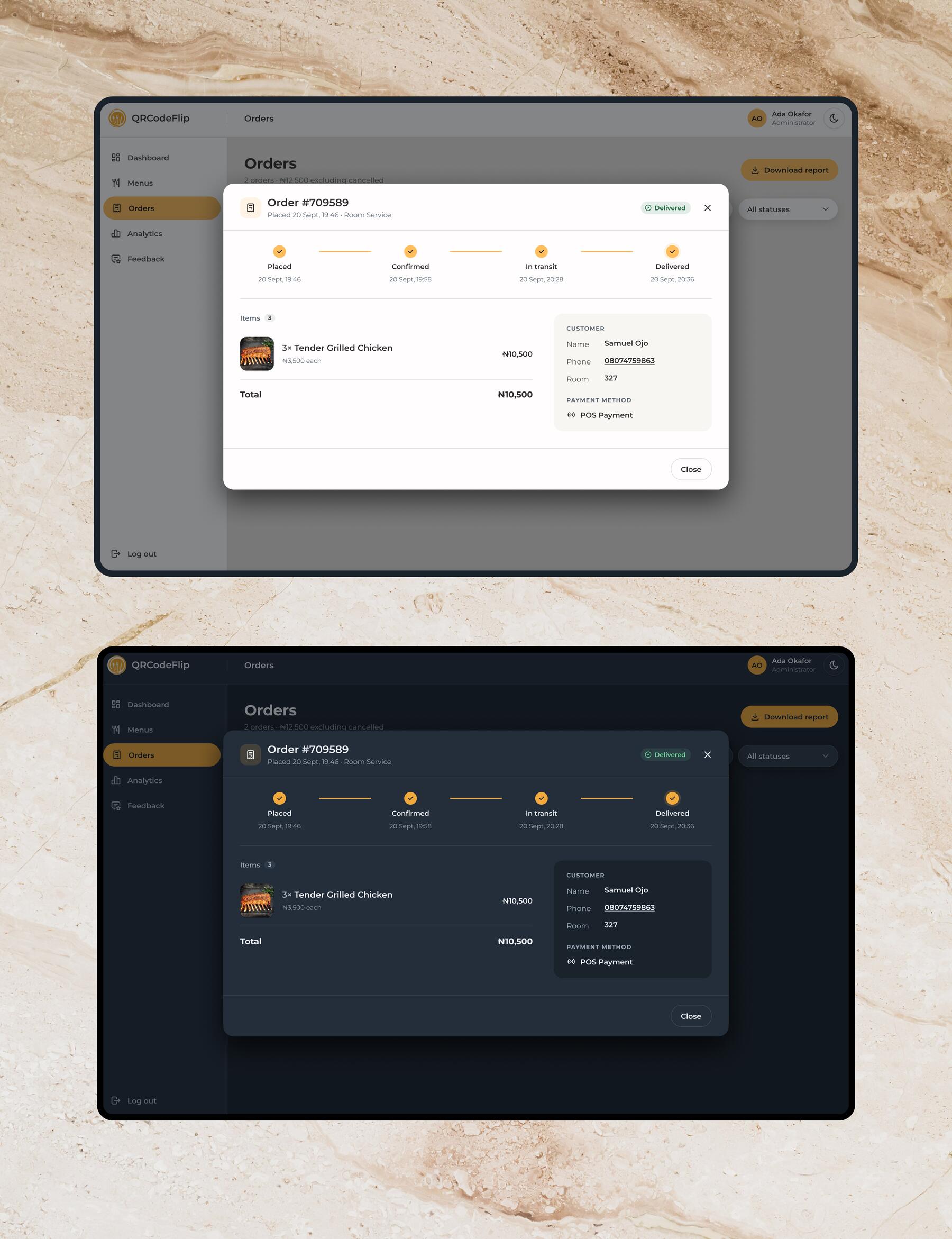 An order dialog in light and dark: placed, confirmed, in transit and delivered with times, the items and total, and the customer's name, phone, room and payment method