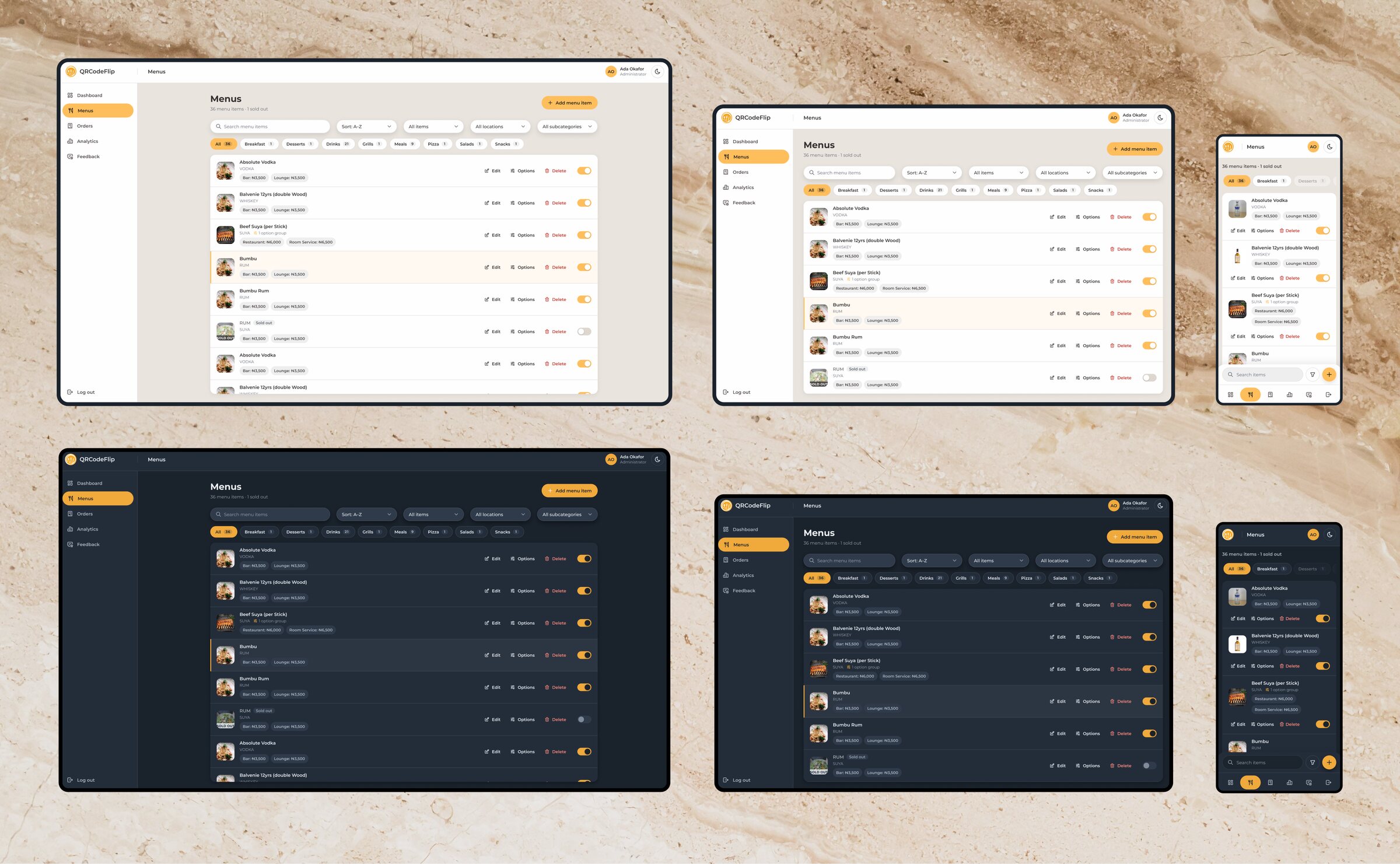 The admin menus page on two desktops and a phone, in light and dark: the sidebar and inline filters on the desktops, a bottom navigation bar and docked search on the phone