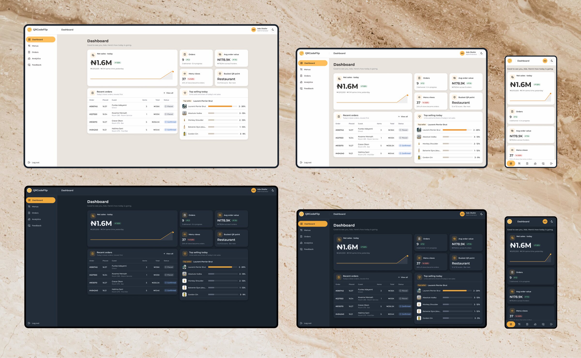 The staff dashboard on two desktops and a phone, in light and dark: net sales for today with a sparkline, order, order-value, menu-view and busiest-QR-point cards, recent orders and top sellers