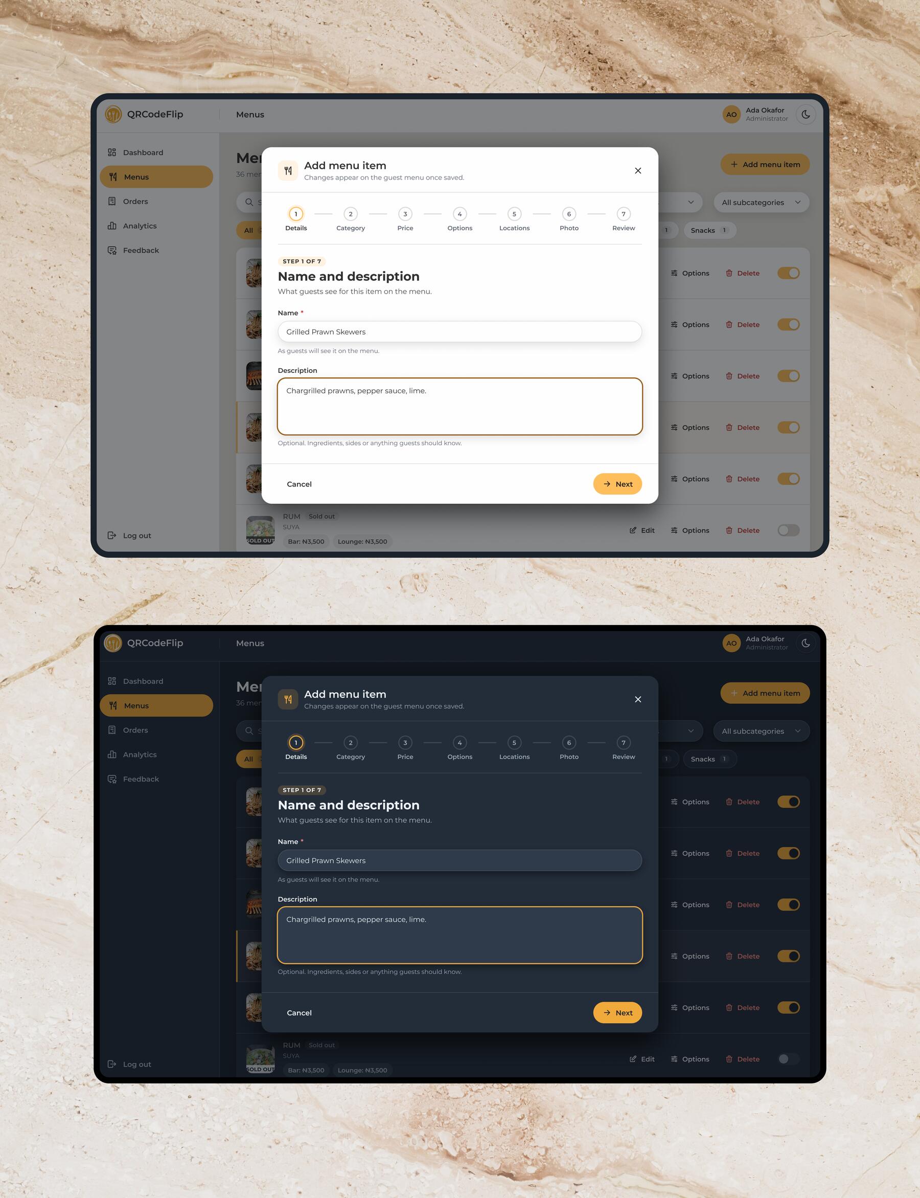 The add menu item dialog in light and dark: a stepper of six steps and a review, and the first step with name and description fields
