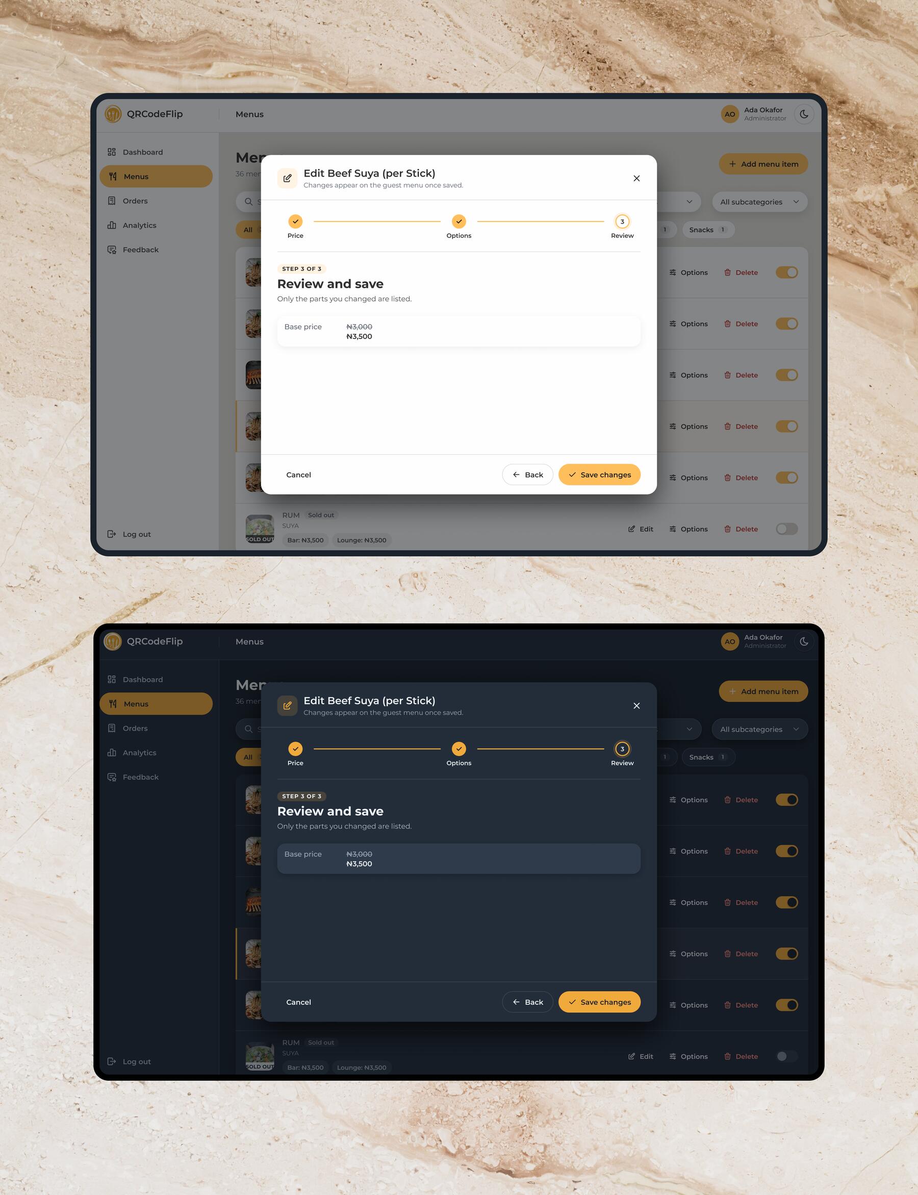 The review step of the edit dialog in light and dark: only the base price is listed, the old price struck through above the new one, with a save changes button
