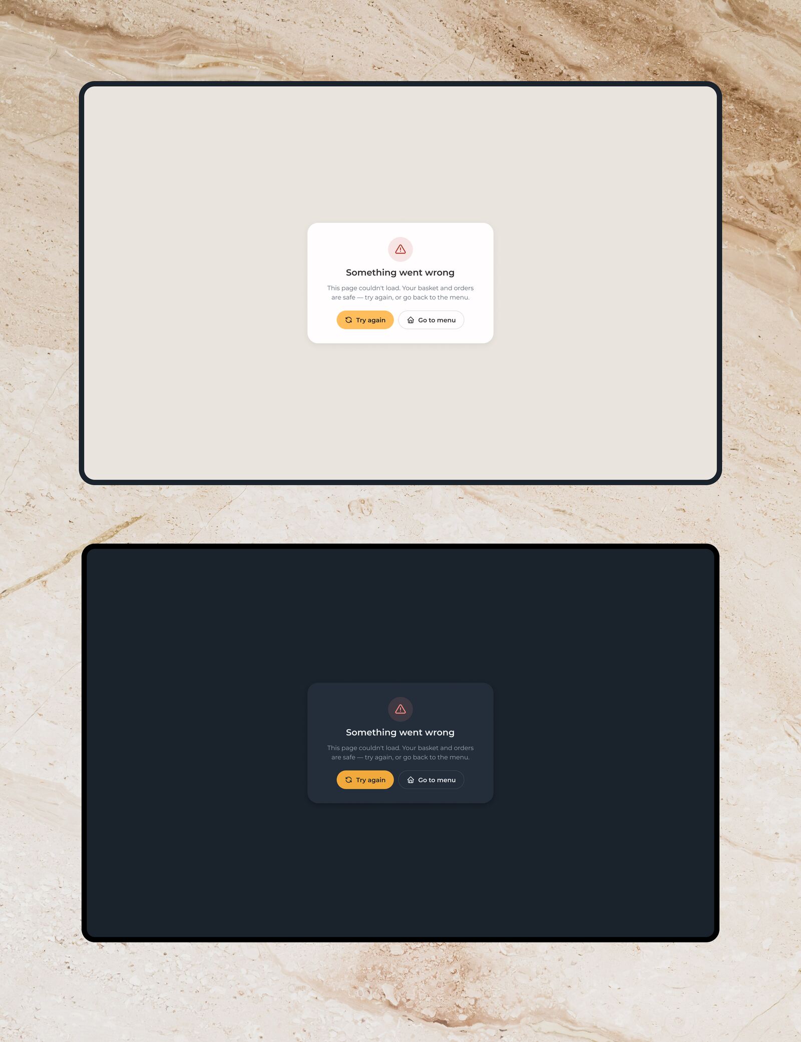 An error card in light and dark: something went wrong, a note that the basket and orders are safe, and Try again and Go to menu buttons
