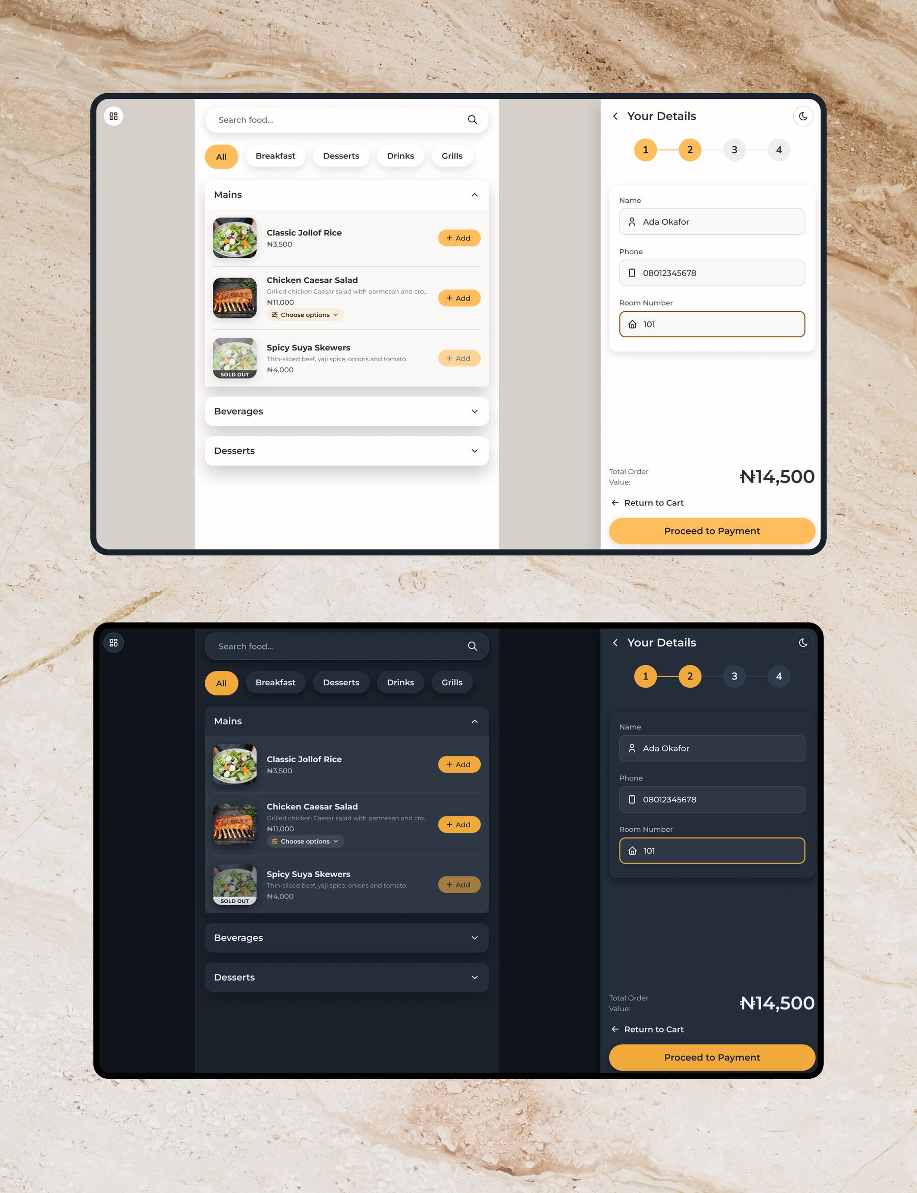 The guest app on a desktop in light and dark: the menu column on the left and the details step of checkout open as a side panel, with name, phone and room fields and the order total