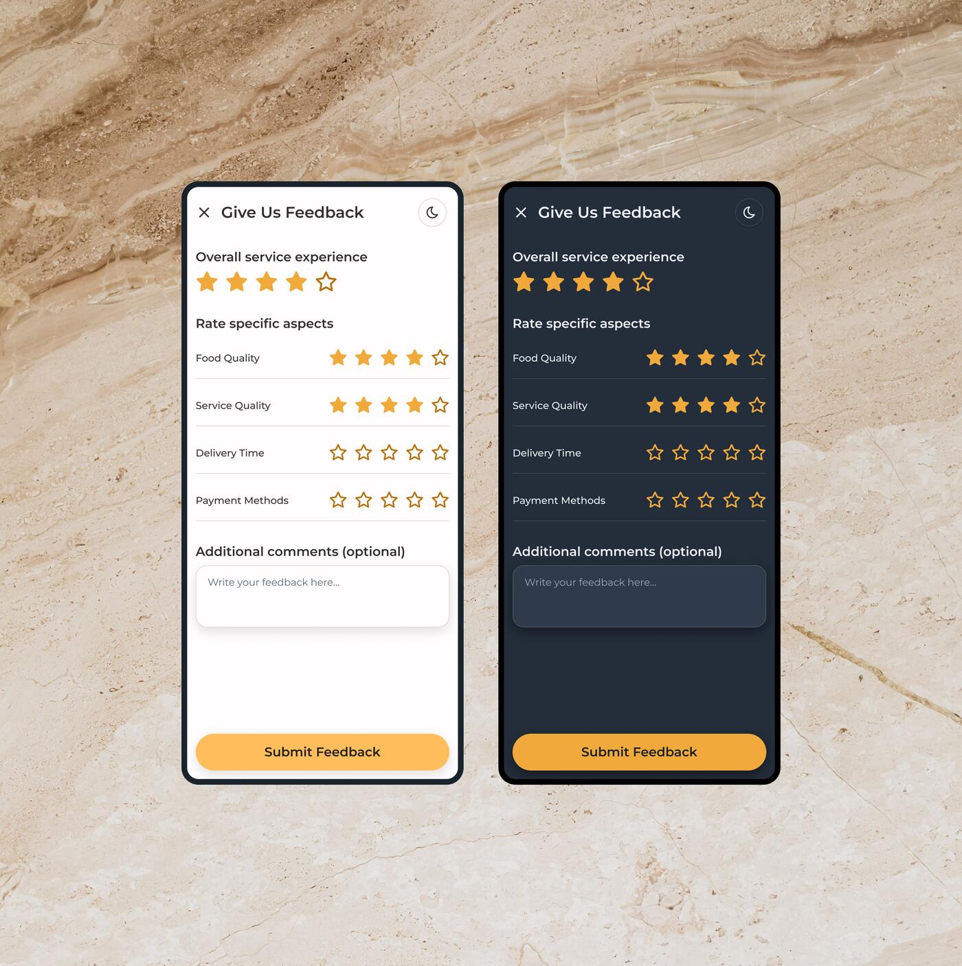The feedback form on two phones: an overall rating, four aspect ratings in rows of stars, an optional comment box and a submit button