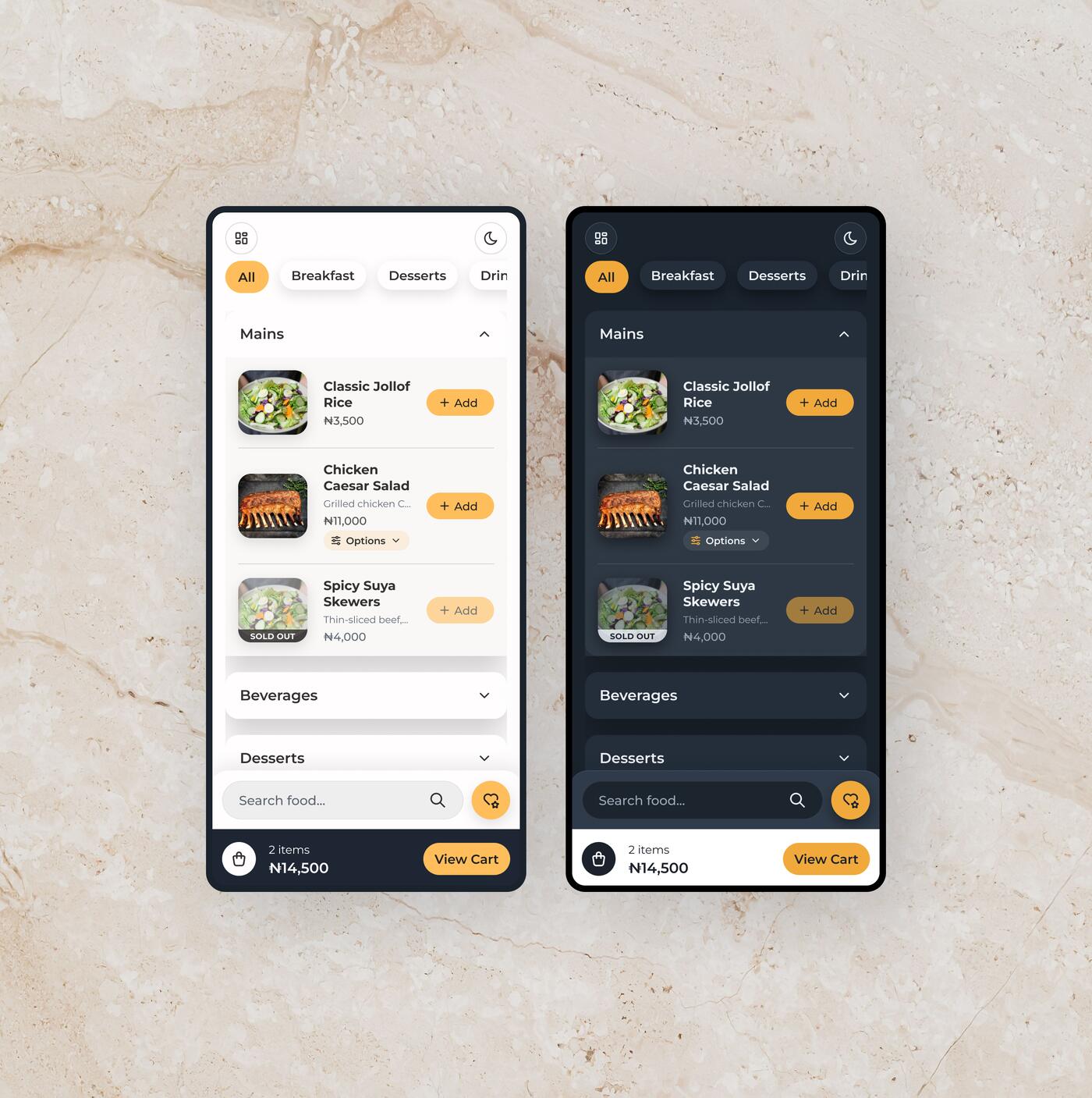 The guest menu on two phones, light and dark: category tabs, an open Mains section with three dishes, one marked sold out with its Add button dimmed, a docked search and the cart bar