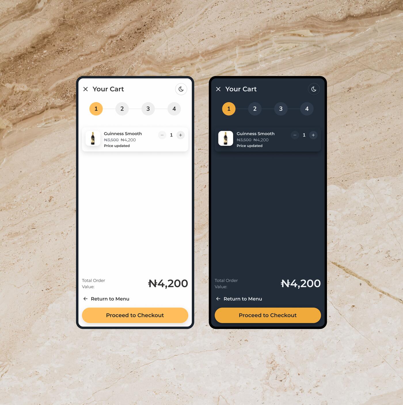 The basket on two phones, light and dark: a drink whose price changed after it was added, the old price struck through beside the new one with a Price updated note, and the new total