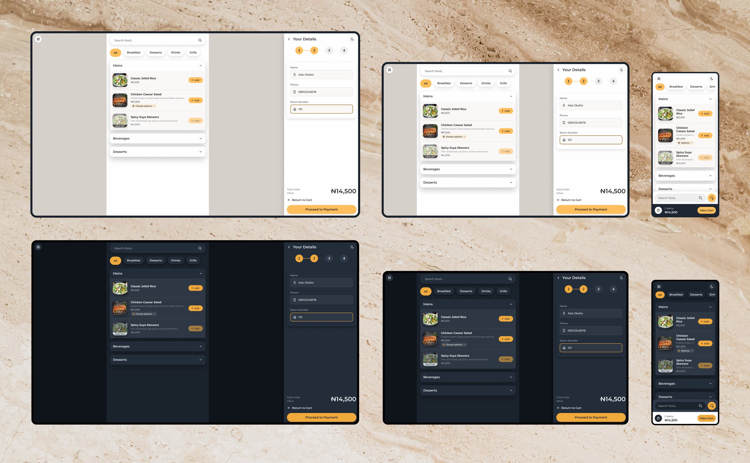 The guest menu on two desktops and a phone, in light and dark: category tabs, collapsible sections of dishes with Add buttons, and on the desktops a details step of checkout open beside the menu