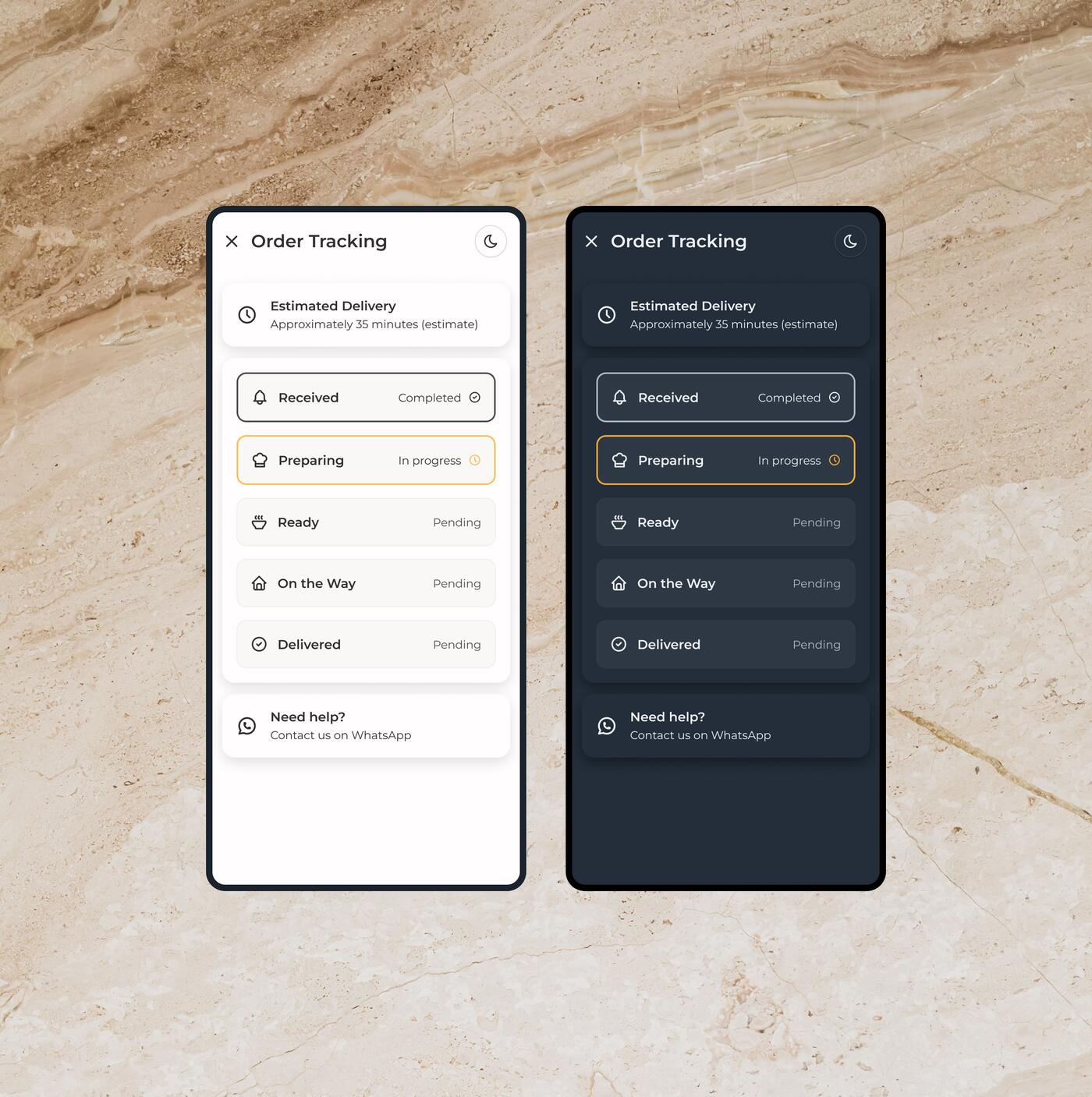Order tracking on two phones: an estimated delivery card, five stages from received to delivered with preparing in progress, and a WhatsApp help card