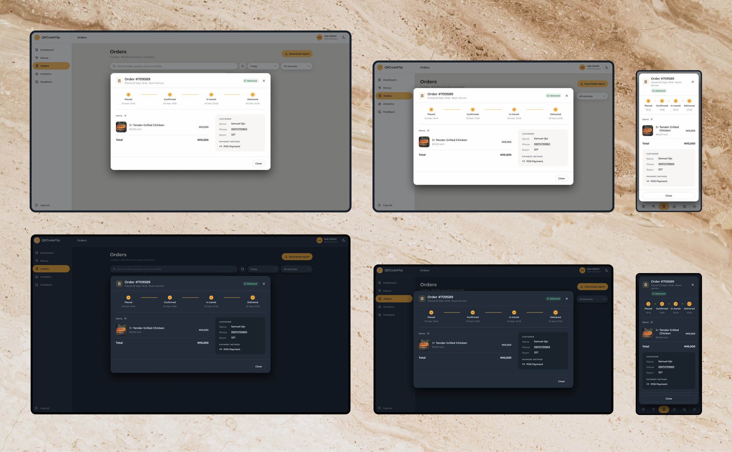 An order dialog over the orders page on two desktops and a phone, in light and dark, each showing the status steps, items and customer details