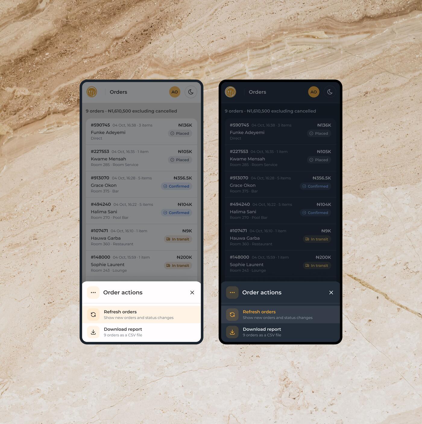 The orders list on two phones with an order actions sheet open offering refresh orders and download report