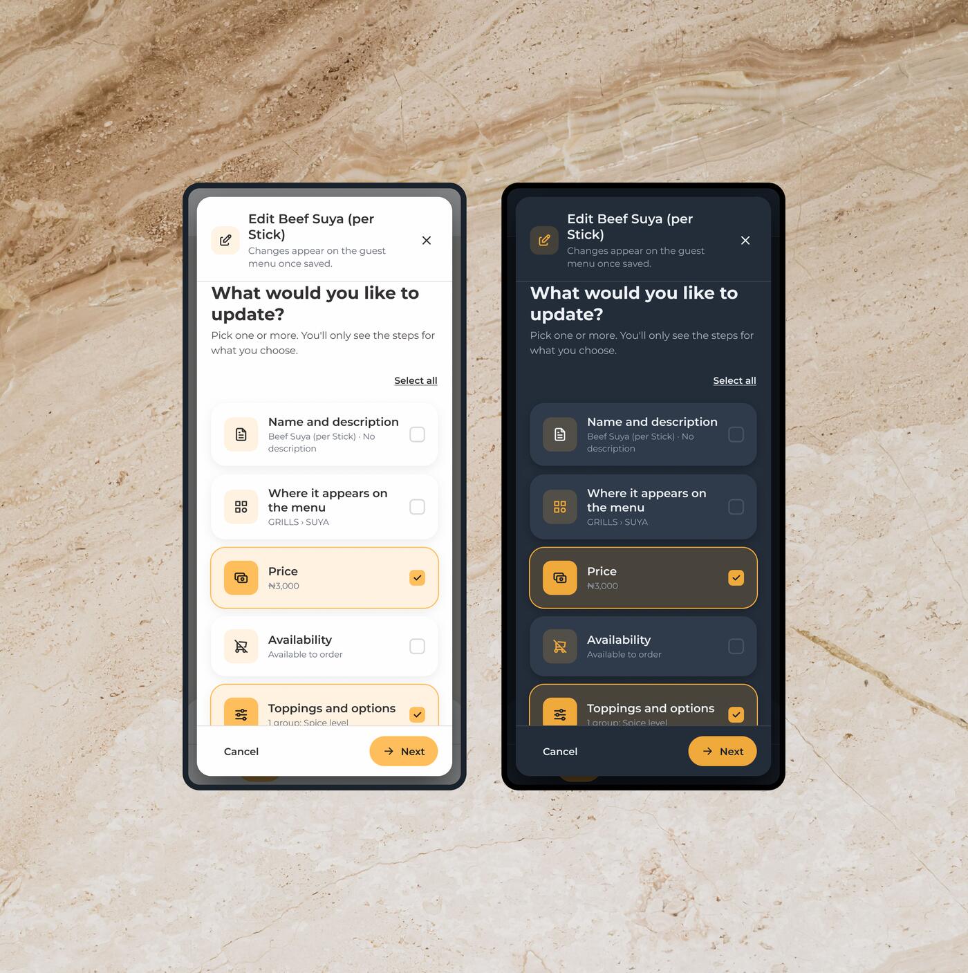 The edit dialog on two phones, light and dark: cards for each part of the dish with their current values, price and toppings selected, and Cancel and Next buttons