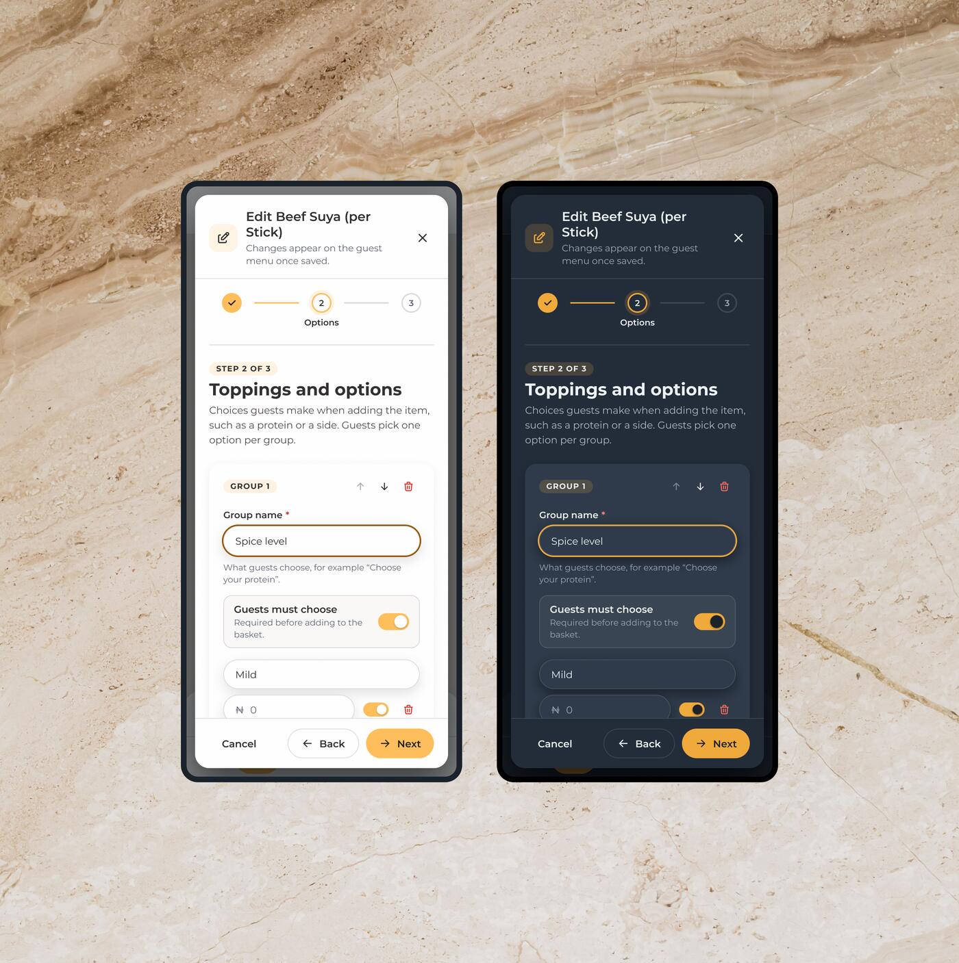 The toppings and options step on two phones: a spice level group with a guests must choose switch and options with extra price and stock switches