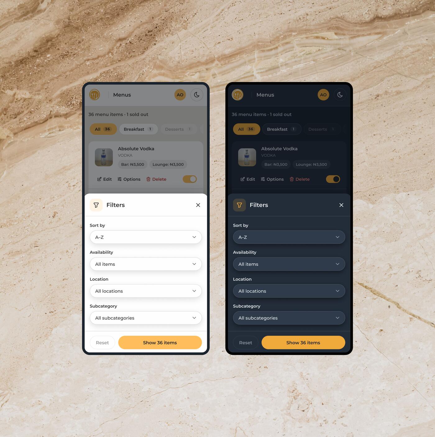 The menus page on two phones with a filter sheet open: sort, availability, location and subcategory pickers, a Reset button and a Show 36 items button