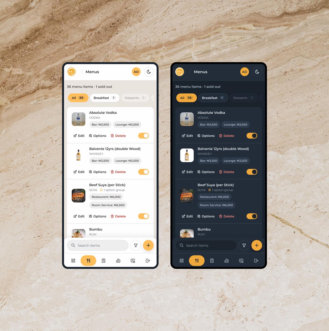 The menus list on two phones, light and dark: category chips and dish rows with location prices, edit, options and delete actions and an availability switch