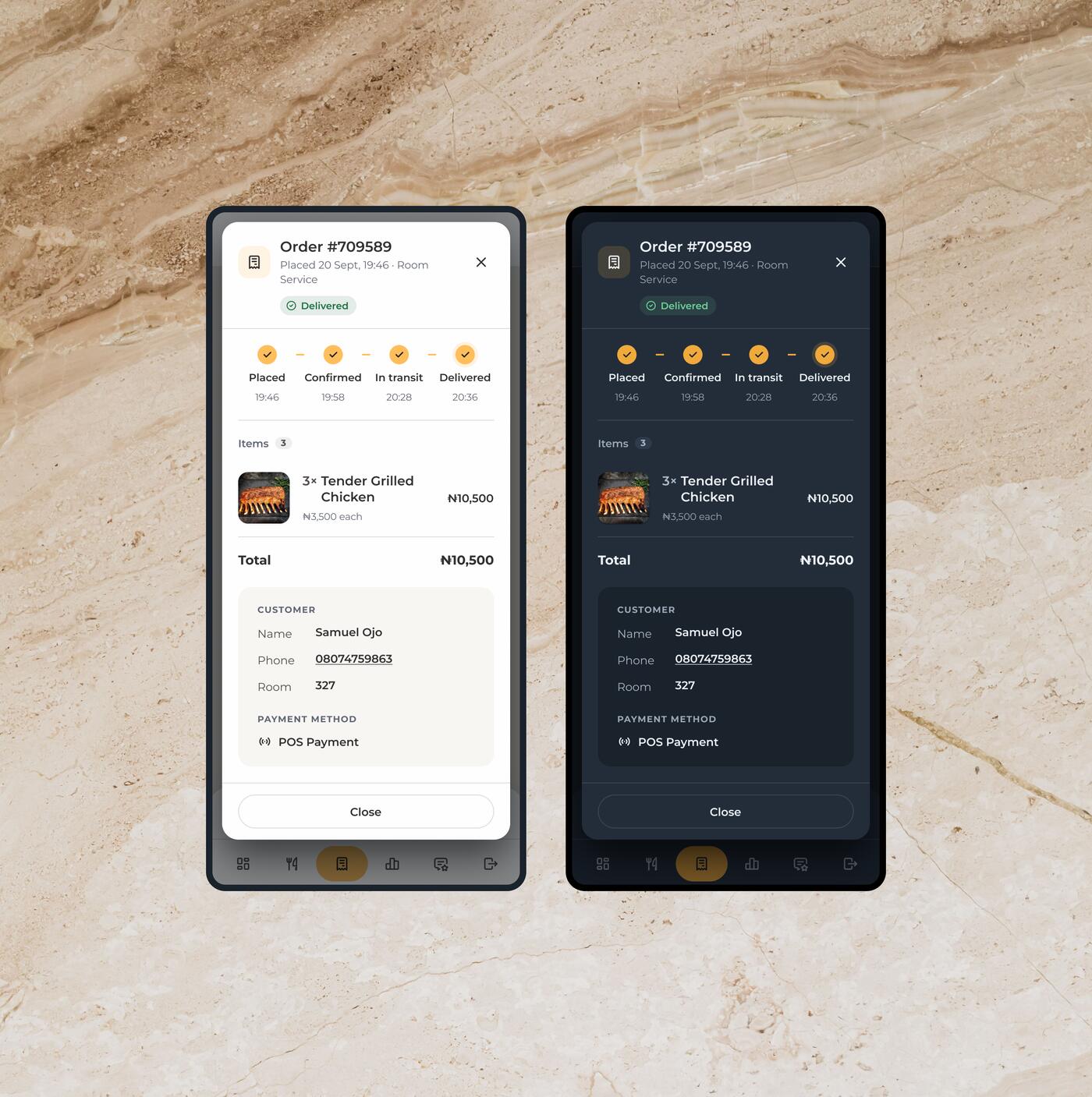 An order dialog on two phones over the orders list, with its four status steps, the item and total, the customer's details and a Close button