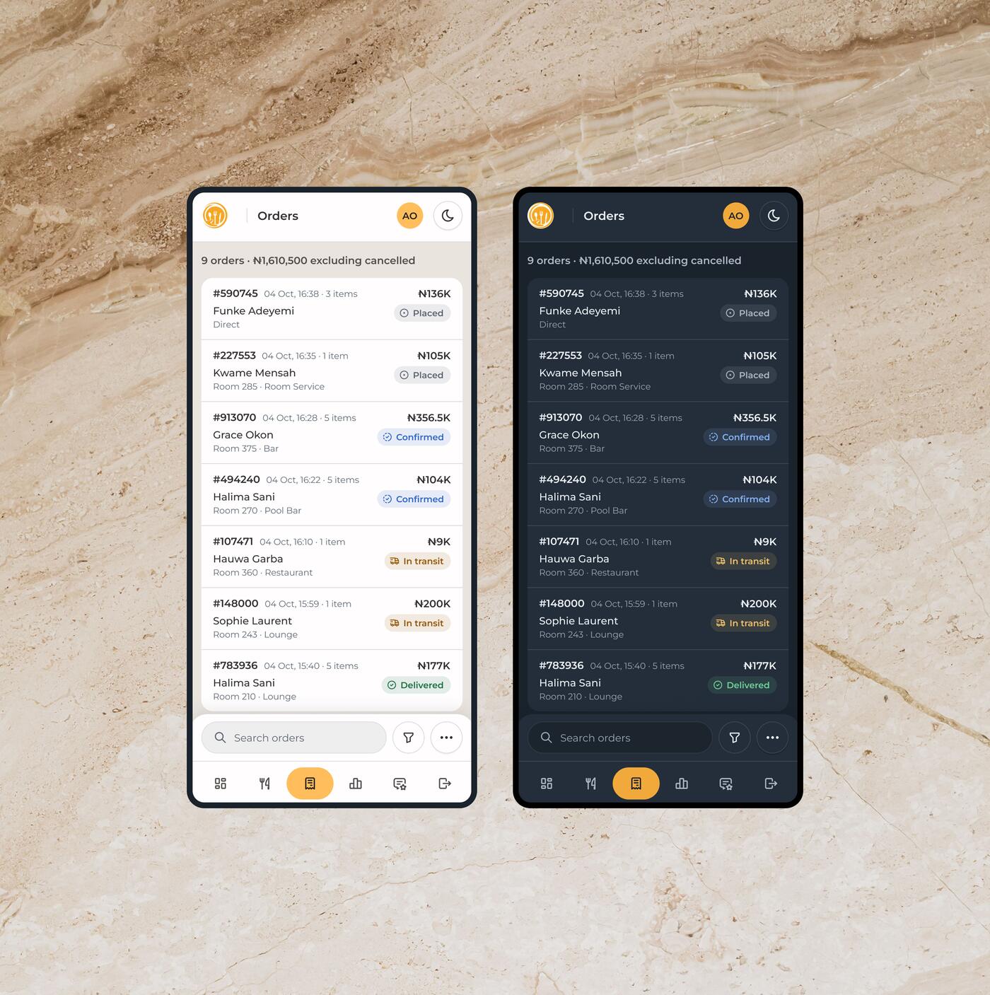 The orders list on two phones as two-line rows with order number, time, guest, room, total and status, above a docked search and bottom navigation