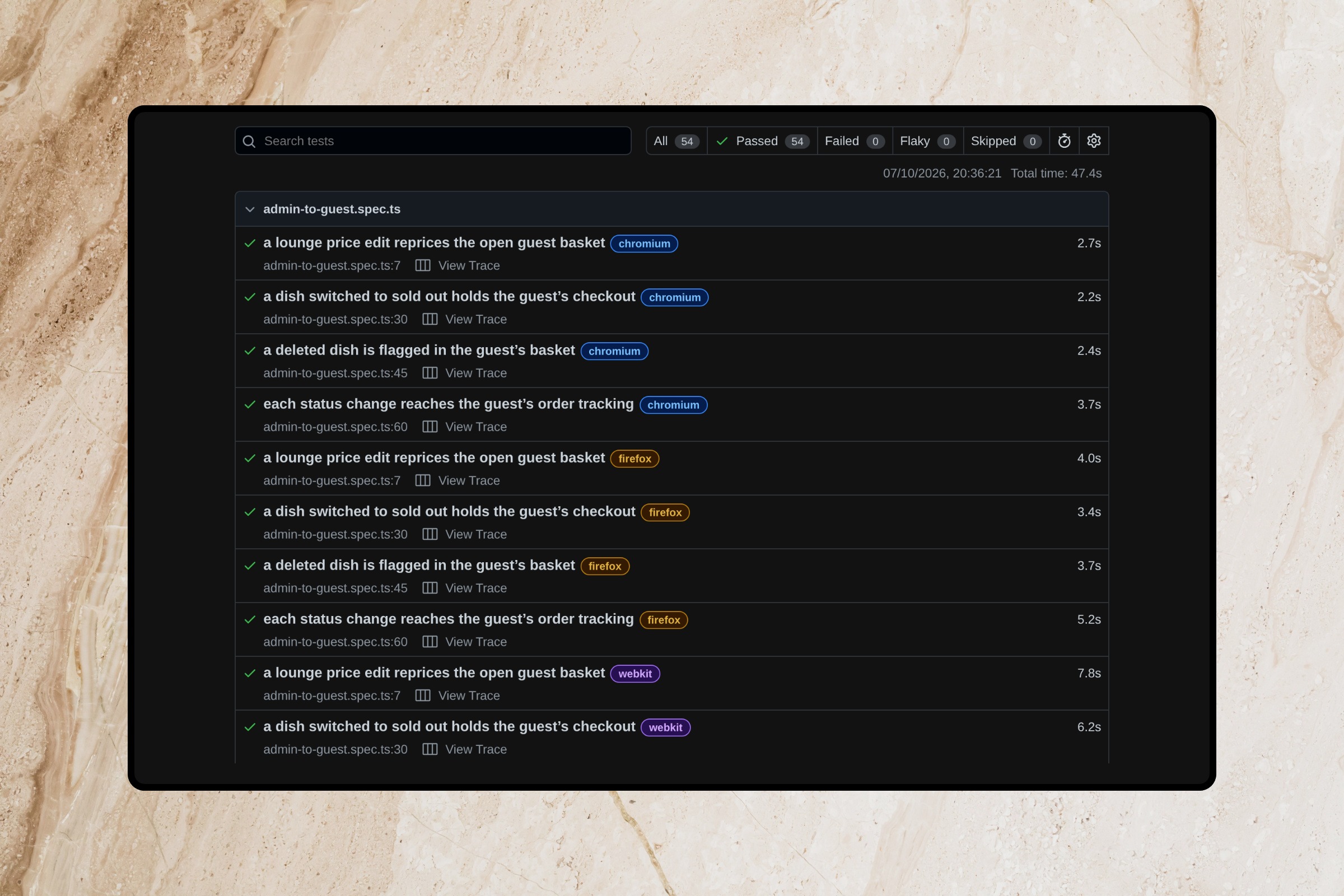 A Playwright test report for admin-to-guest.spec.ts: a lounge price edit reprices the open guest basket, a dish switched to sold out holds the guest's checkout, a deleted dish is flagged in the guest's basket, and each status change reaches the guest's order tracking — each passing in Chromium, Firefox and WebKit