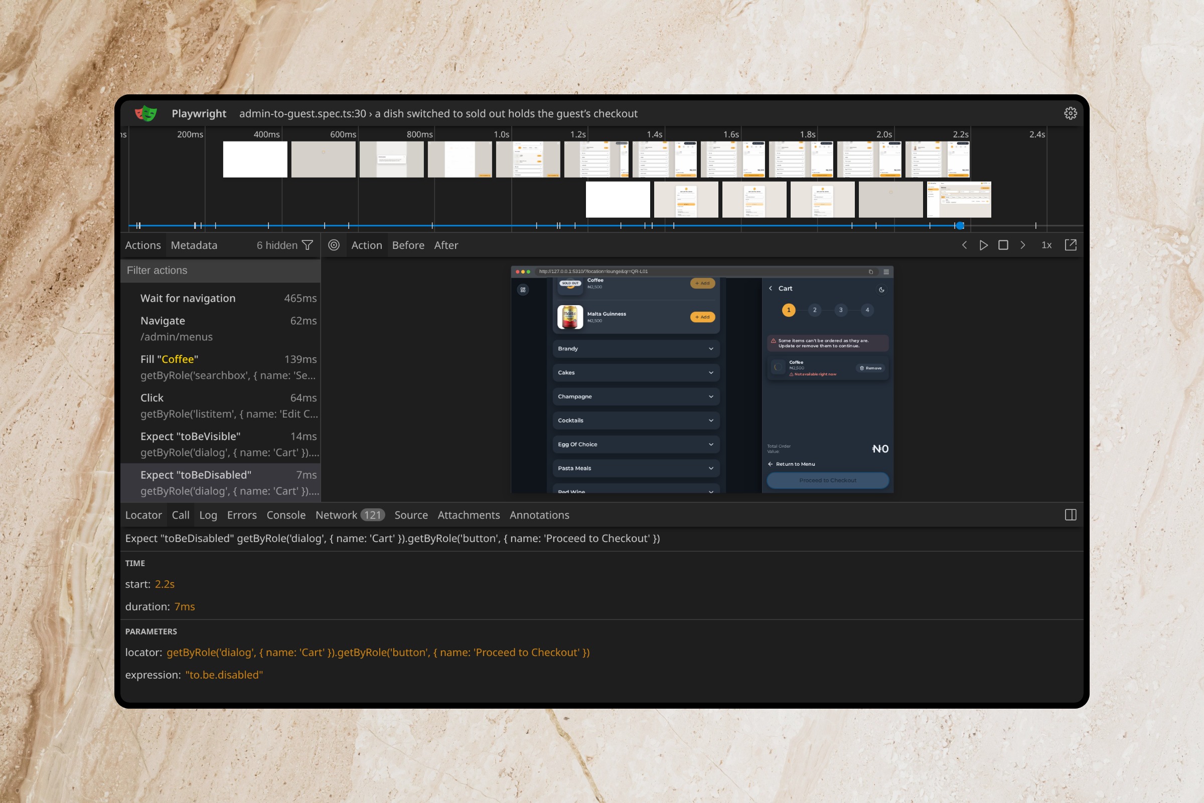 The Playwright trace viewer for the sold-out test: the admin menus are searched and Coffee is edited, then the guest's cart flags Coffee as not available right now and the test asserts that Proceed to Checkout is disabled