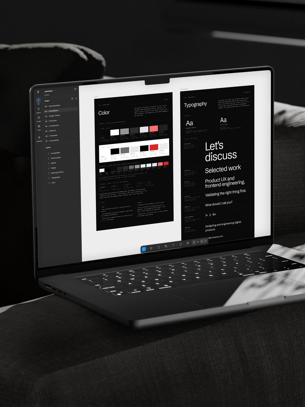 The paisak4u design system open in Figma on a laptop: its colour and typography foundations, with the file's pages and layers in the side panel