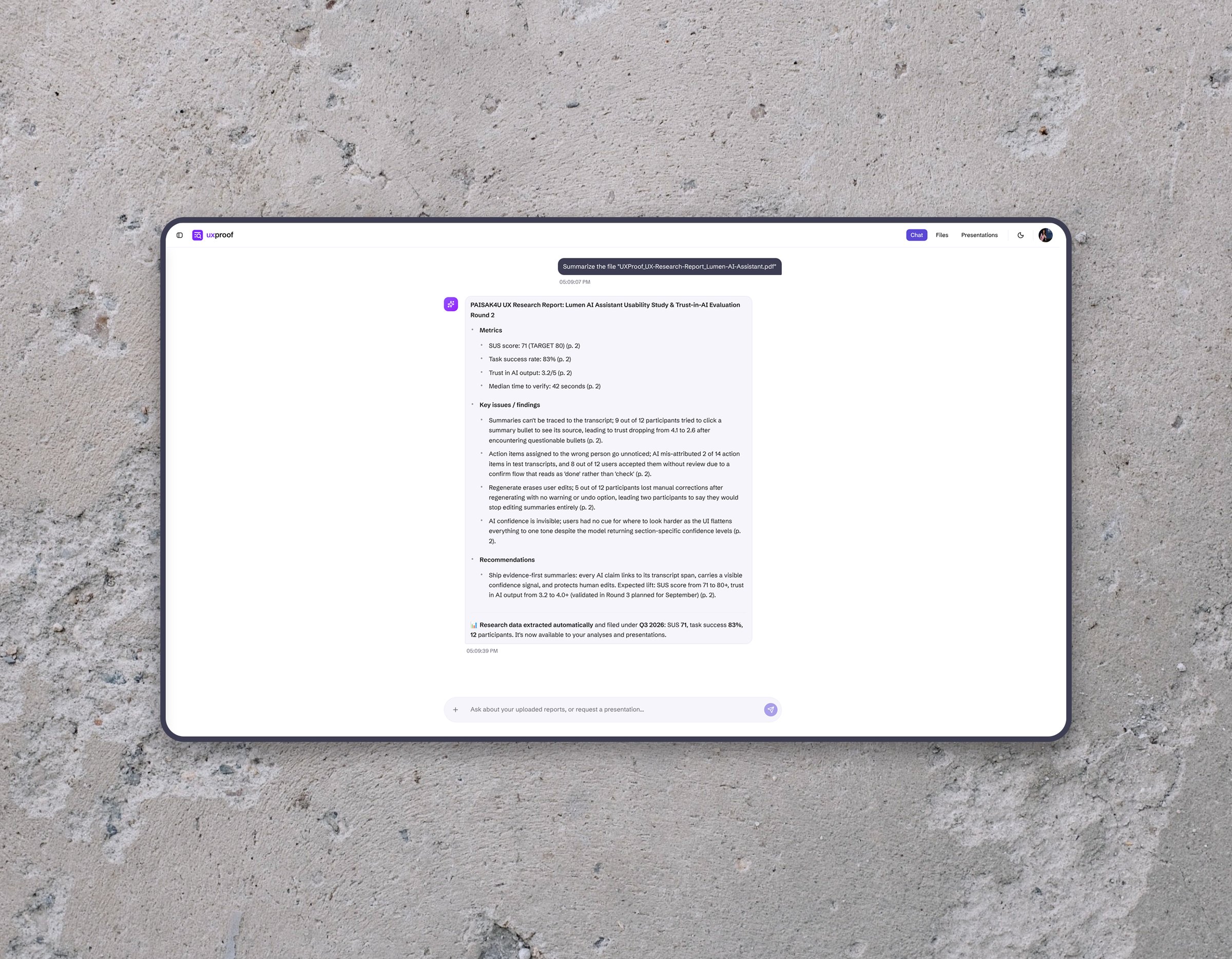 uxproof open on a laptop: the chat home with the welcome headline, a row of quick actions and the composer at the bottom
