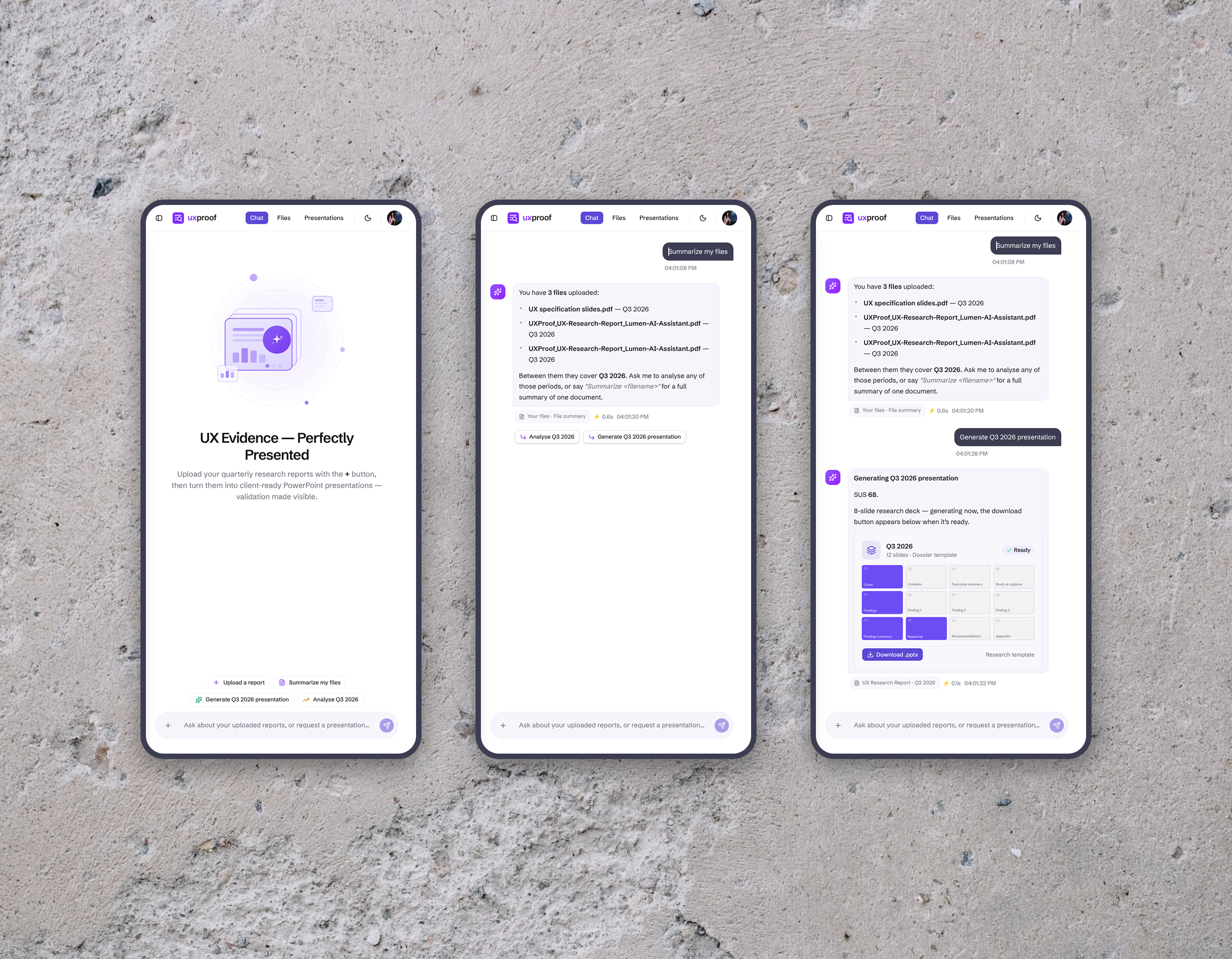 The uxproof chat at tablet width: a finished presentation card whose slide strip keeps four thumbnails per row, with the violet cover and findings-summary slides visible among the greyed ones