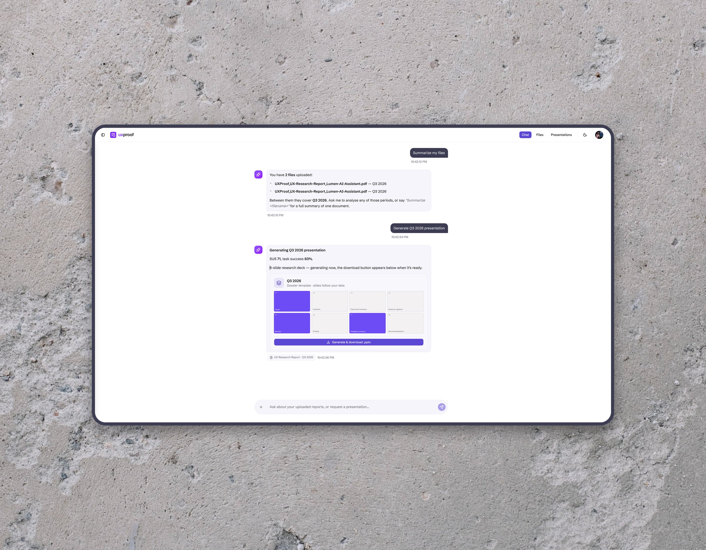 An AI summary of an uploaded research PDF in the uxproof chat: metrics, key findings and recommendations, each claim followed by the page it was read from, and a closing line saying the research data was extracted and filed under Q3 2026