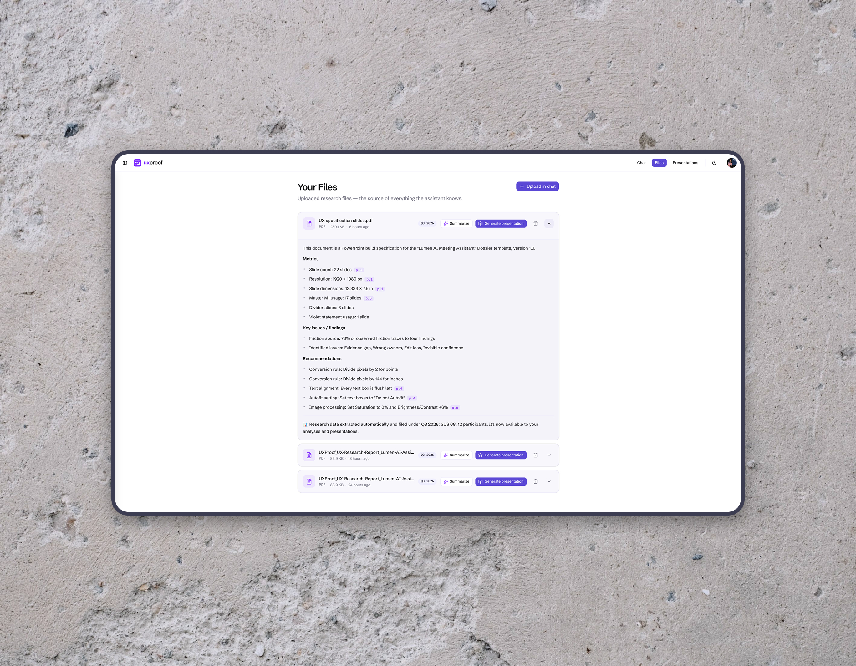 The uxproof chat at tablet width: a finished presentation card whose slide strip keeps four thumbnails per row, with the violet cover and findings-summary slides visible among the greyed ones